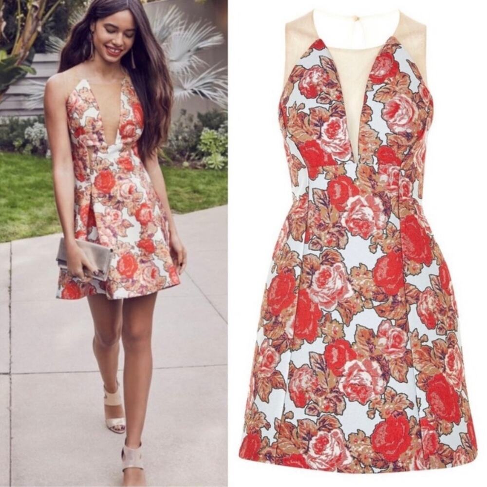 Topshop Illusion Floral Mini Dress - Pleated Skirt - Lined Bodice- Size 4